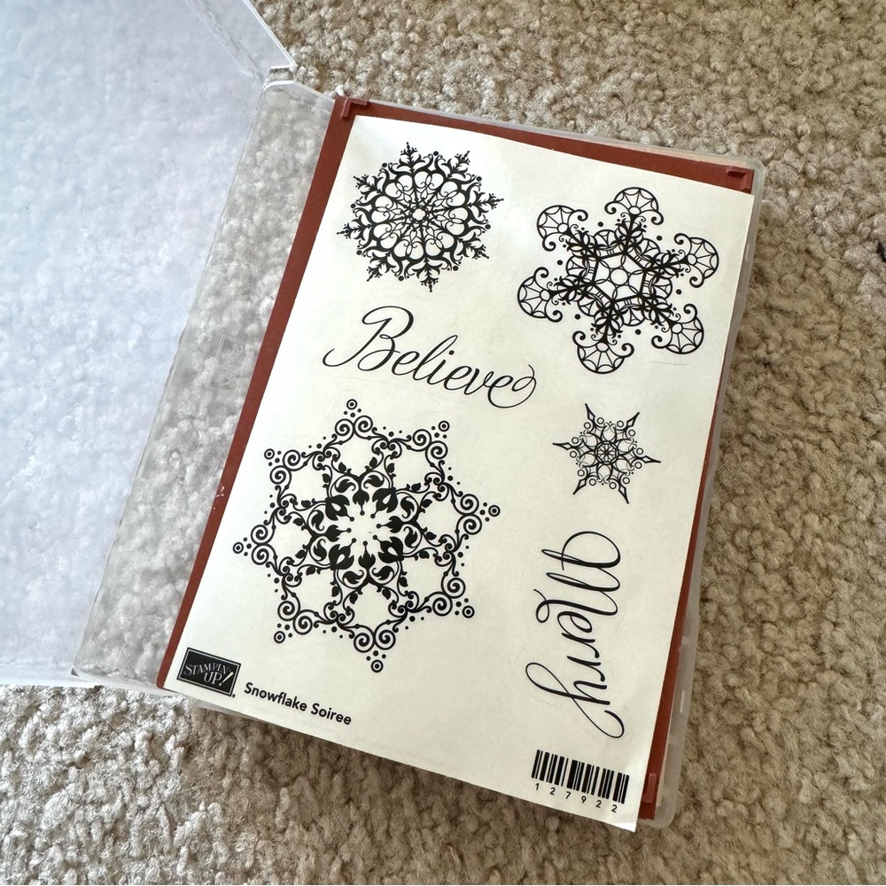 Stampin Up Snowflake Soiree Set of 6 Rubber Stamps in case Merry Believe